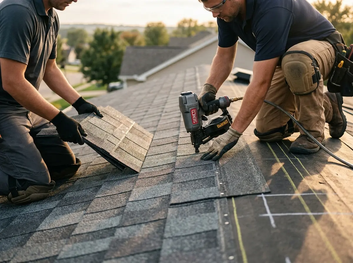 Professional roofer working on a residential roof in El Rio